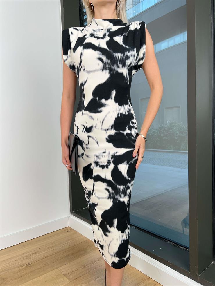 Yarım Boğazlı Omuz Vatkalı Kolsuz Talinda Kadın Renkli Desenli Elbise 24Y019