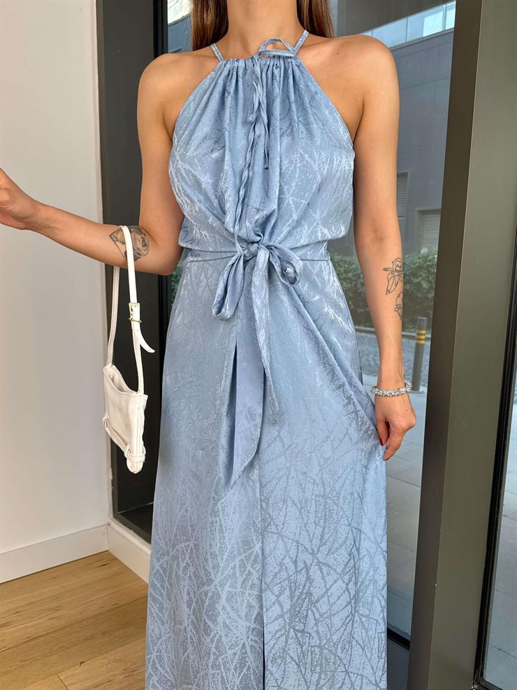 Kolsuz Bağlama Detaylı Talisya Mavi Kadın Elbise 25Y452