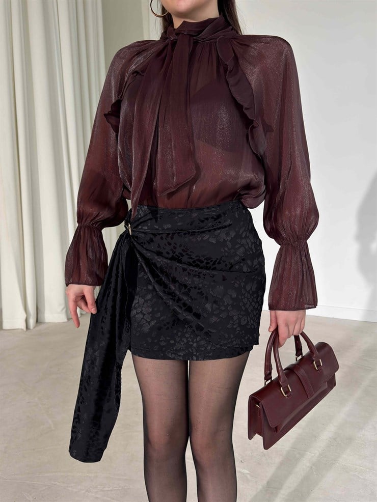 Aksesuar Detaylı Saten Mini Siyah Talya Kadın Etek 26Y157