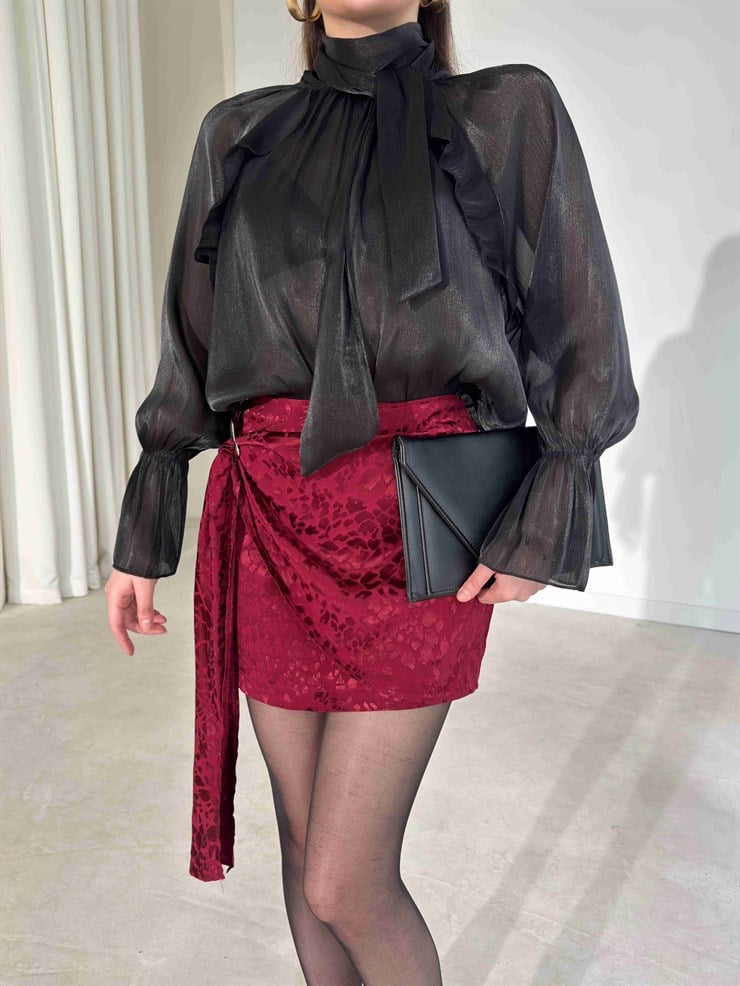 Aksesuar Detaylı Saten Mini Bordo Talya Kadın Etek 26Y157