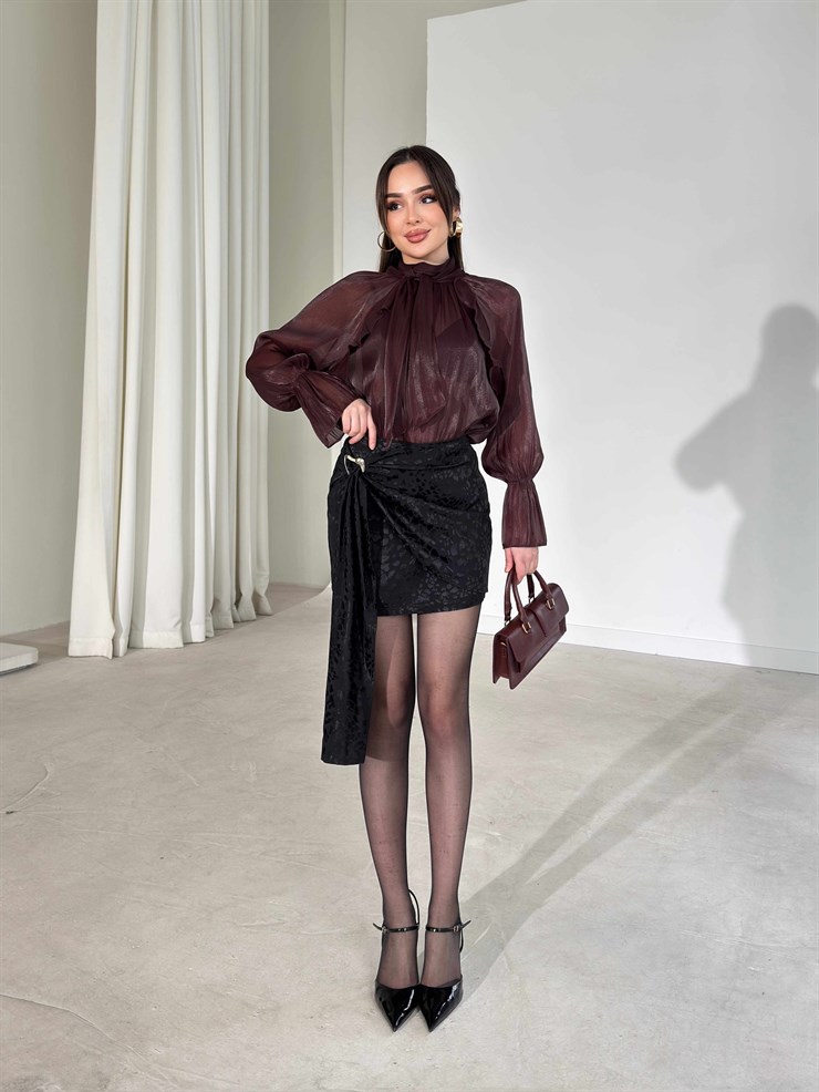 Aksesuar Detaylı Saten Mini Siyah Talya Kadın Etek 26Y157