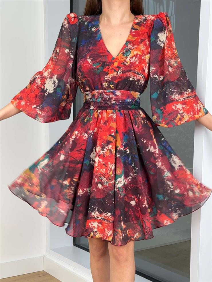 V Yaka Yarım Kol Belden Oturtmalı Tamboli Kadın Renkli Desenli Elbise 24Y137