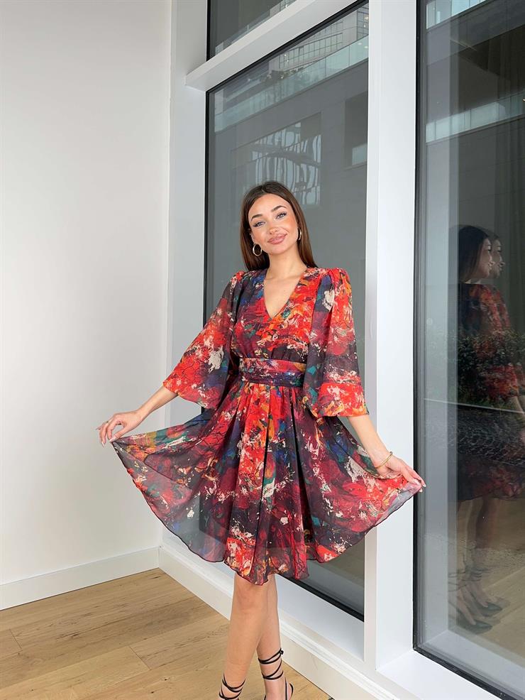 V Yaka Yarım Kol Belden Oturtmalı Tamboli Kadın Renkli Desenli Elbise 24Y137