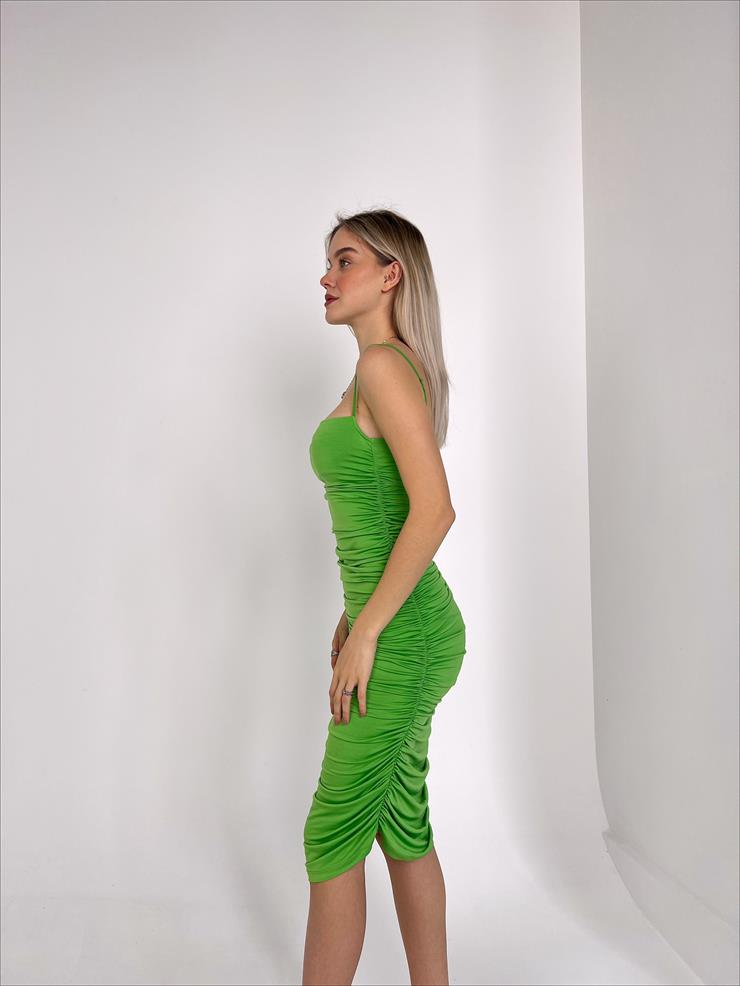 Streç İnce Askı Drapeli Taniya Kadın Açık Yeşil Kalem Elbise 22Y000230