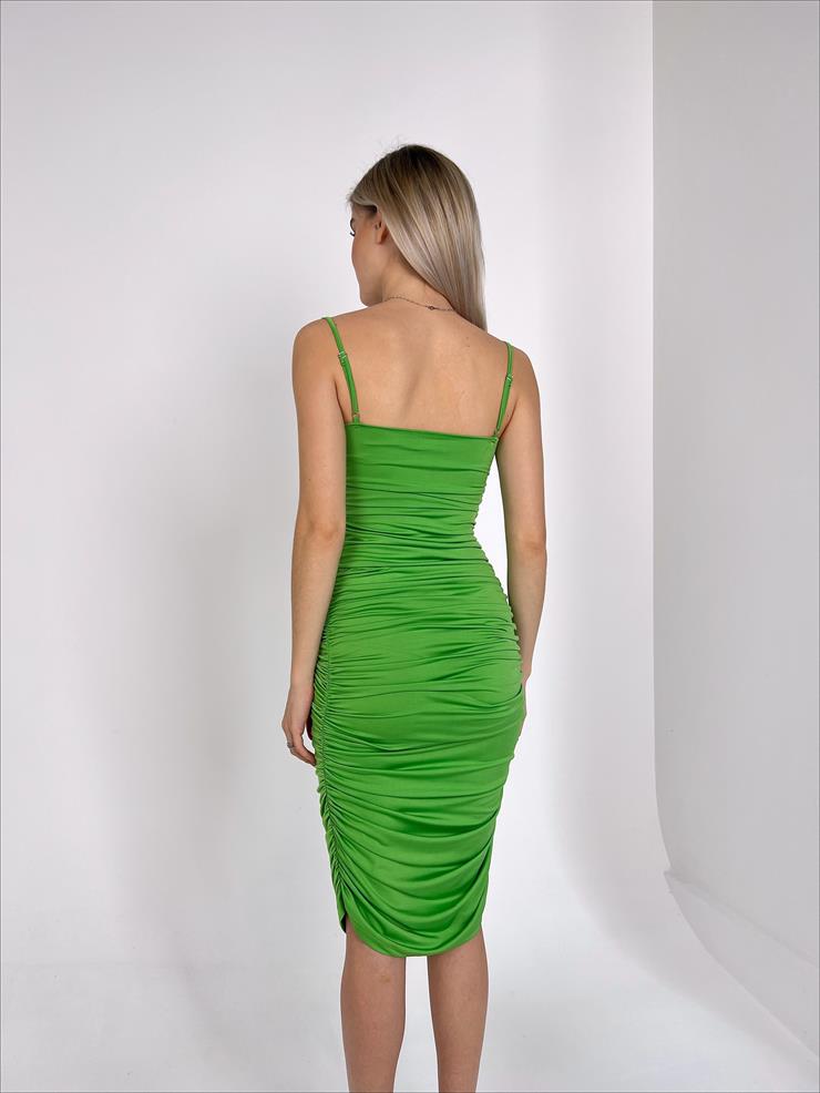 Streç İnce Askı Drapeli Taniya Kadın Açık Yeşil Kalem Elbise 22Y000230