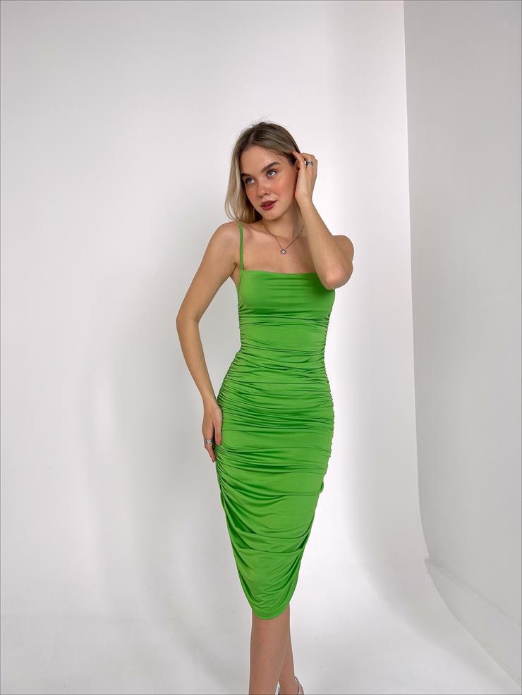 Streç İnce Askı Drapeli Taniya Kadın Açık Yeşil Kalem Elbise 22Y000230