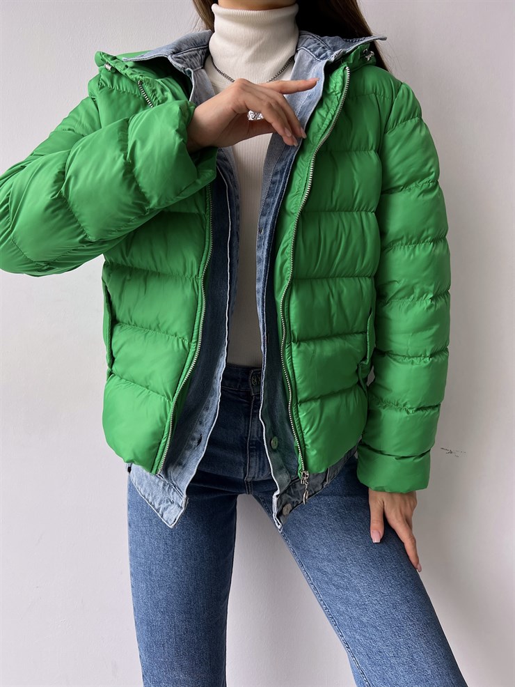 Kapüşonlu Yanları Cepli Taremi Kadın Yeşil Mont 23K000276	