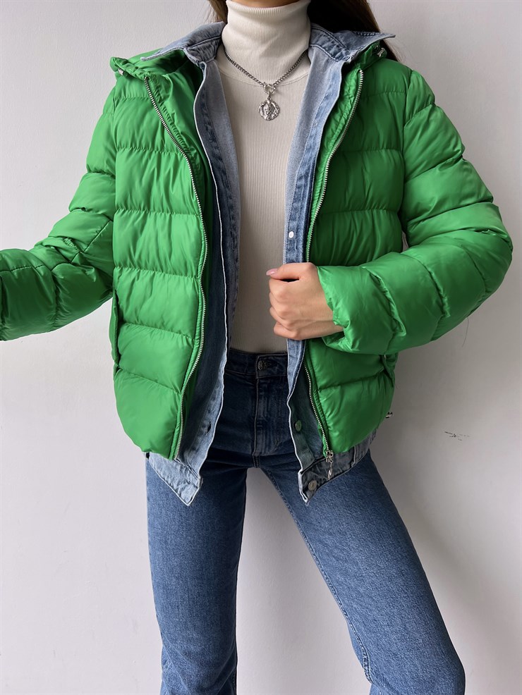 Kapüşonlu Yanları Cepli Taremi Kadın Yeşil Mont 23K000276	