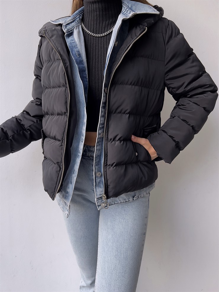 Kapüşonlu Yanları Cepli Taremi Kadın Siyah Mont 23K000276