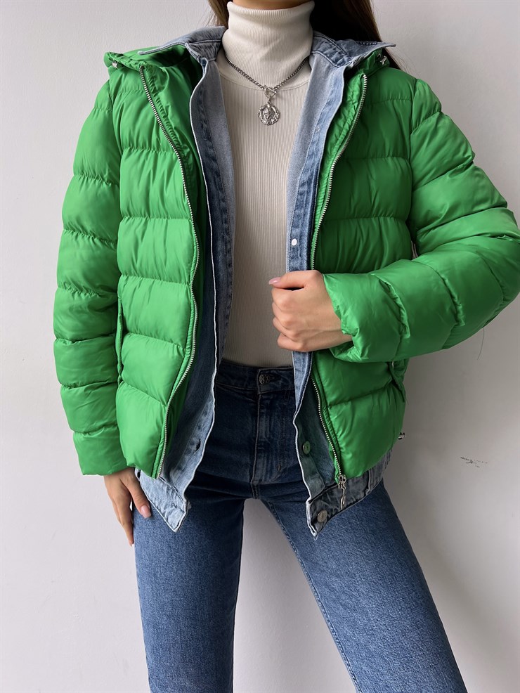 Kapüşonlu Yanları Cepli Taremi Kadın Yeşil Mont 23K000276	