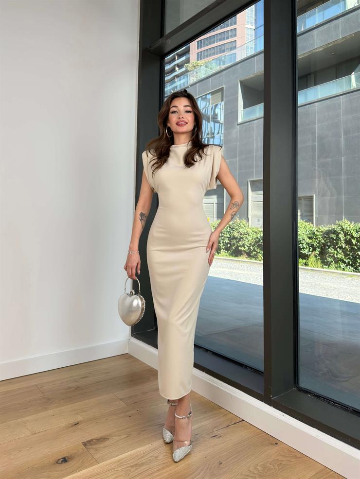 Omuz Vatkalı Kolsuz Tarin Kadın Taş Elbise 24Y087