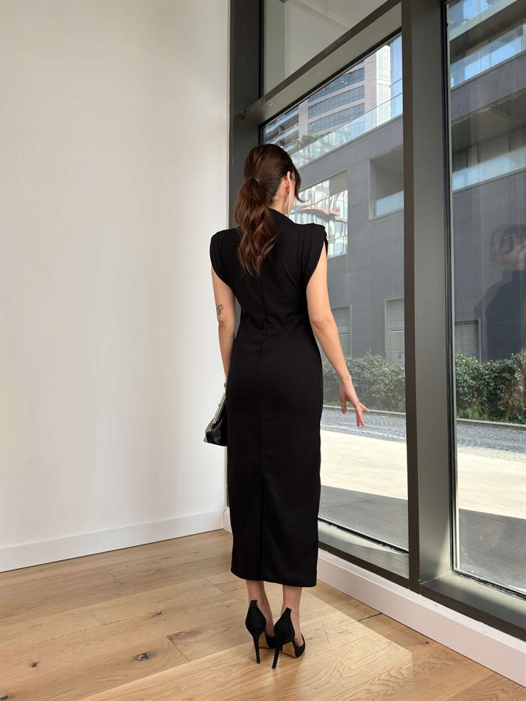 Omuz Vatkalı Kolsuz Tarin Kadın Siyah Elbise 24Y087