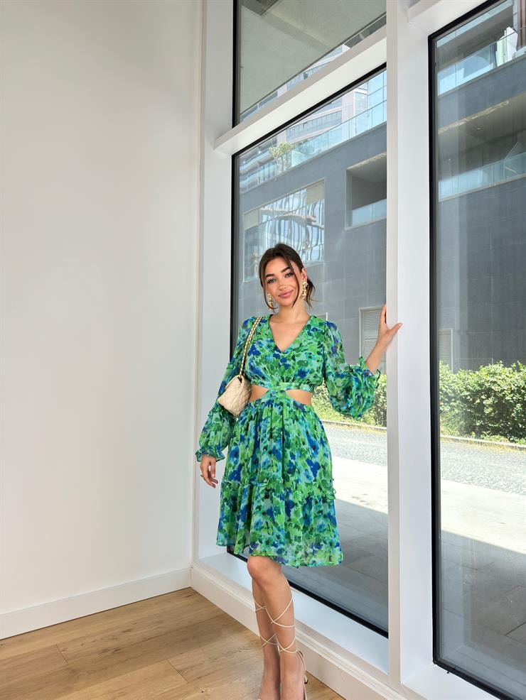 V Yaka Beli Pencereli Tasha Kadın Yeşil Mini Elbise 24Y643