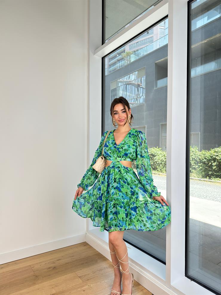 V Yaka Beli Pencereli Tasha Kadın Yeşil Mini Elbise 24Y643