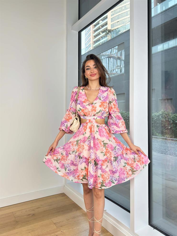 V Yaka Beli Pencereli Tasha Kadın Pembe Mini Elbise 24Y643