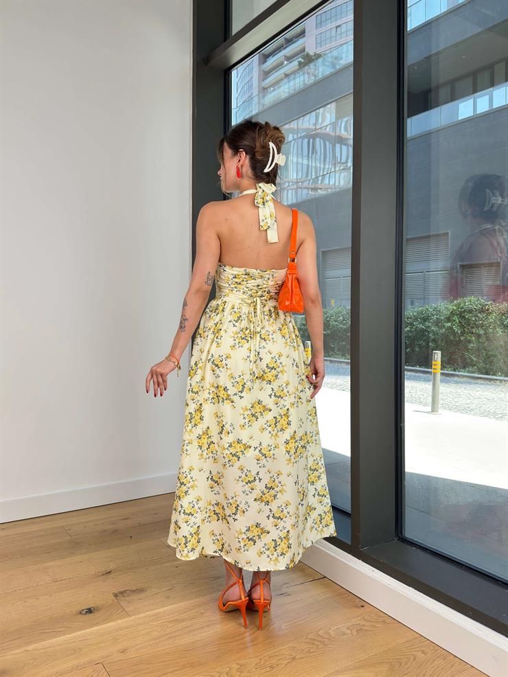 Boyundan Bağlamalı Belden Oturtmalı Tavens Sarı Kadın Çiçekli Elbise 25Y456