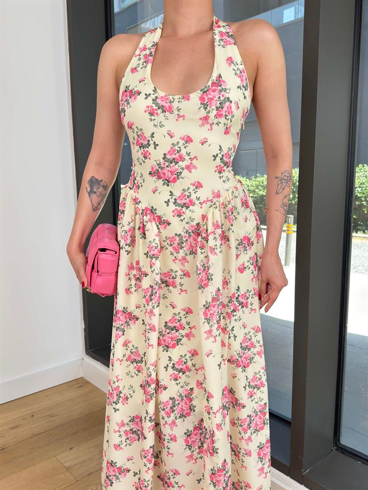 Boyundan Bağlamalı Belden Oturtmalı Tavens Pembe Kadın Çiçekli Elbise 25Y456