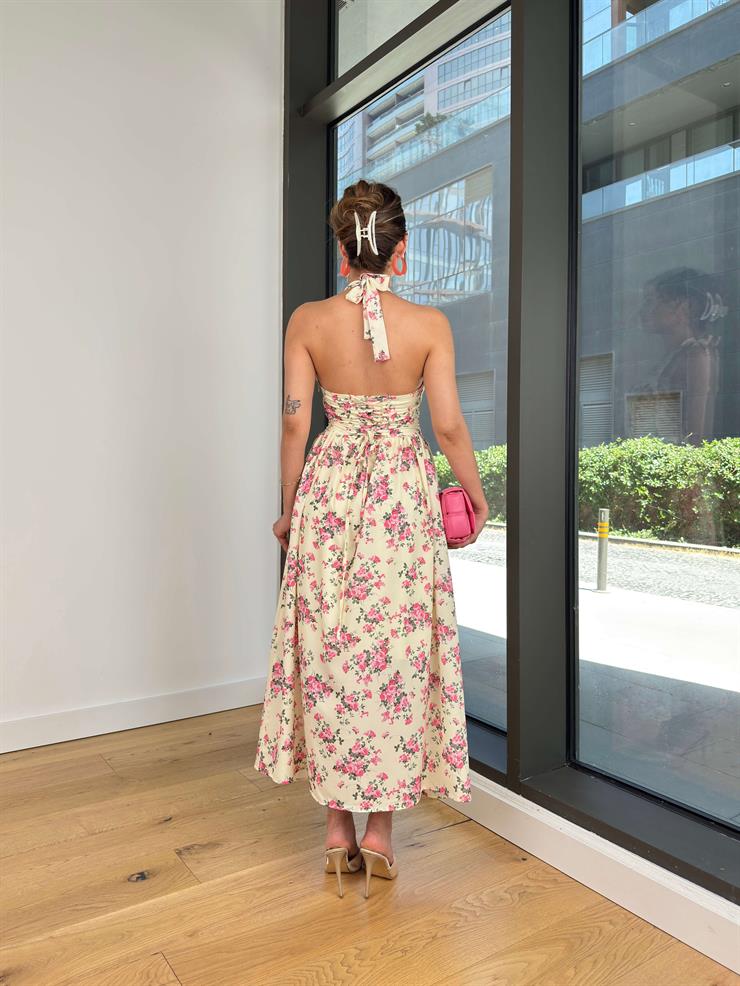 Boyundan Bağlamalı Belden Oturtmalı Tavens Pembe Kadın Çiçekli Elbise 25Y456