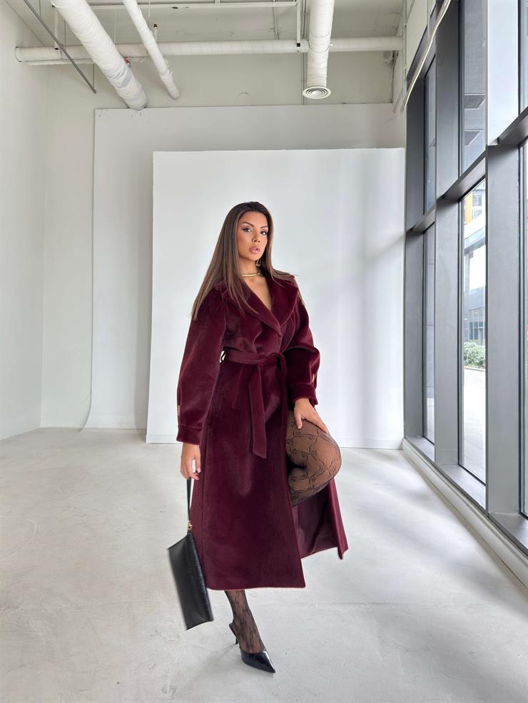 Kemerli Kolu Düğmeli Kruvaze Yaka Tayline Bordo Kadın Kaban 26K104