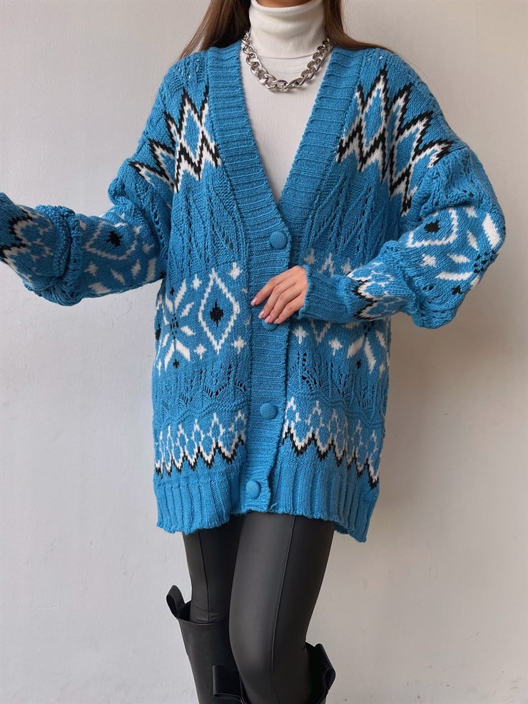 Desenli V Yaka Önü Düğme Kapamalı Taylon Kadın Mavi Triko Hırka 23K000278