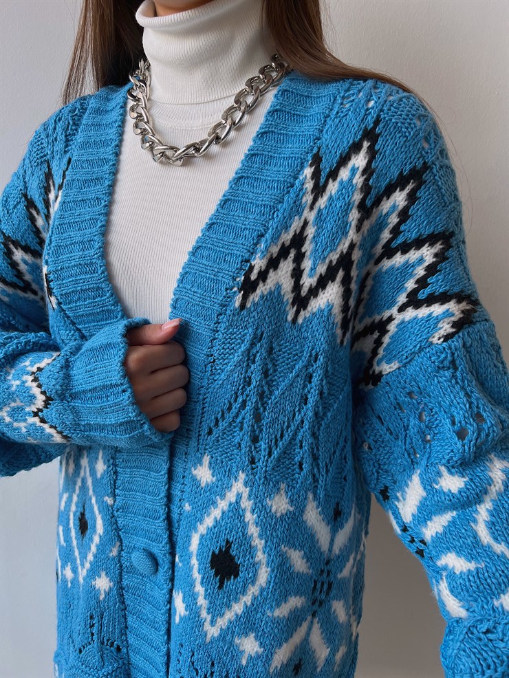 Desenli V Yaka Önü Düğme Kapamalı Taylon Kadın Mavi Triko Hırka 23K000278