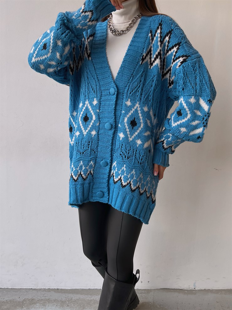 Desenli V Yaka Önü Düğme Kapamalı Taylon Kadın Mavi Triko Hırka 23K000278