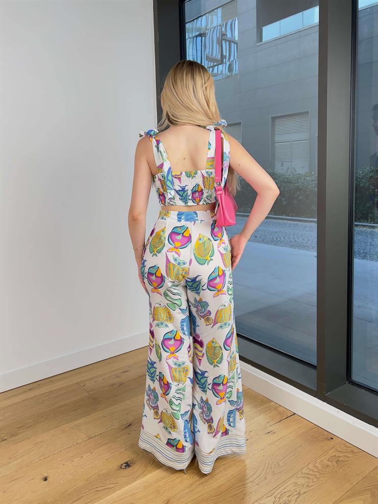 Yüksek Bel Bol Paça Taymm Renkli Kadın Pantolon 25Y531