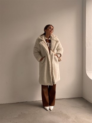 Oversize Cepli Kadın Beyaz Teddy Kaban 21K000306