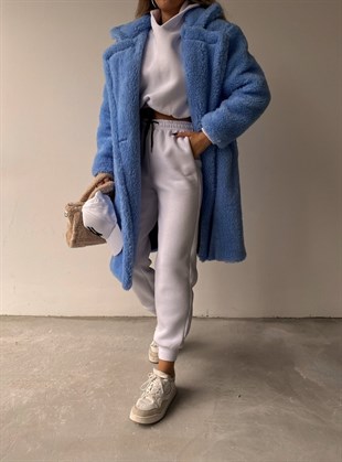 Oversize Cepli Kadın Mavi Teddy Kaban 21K000306