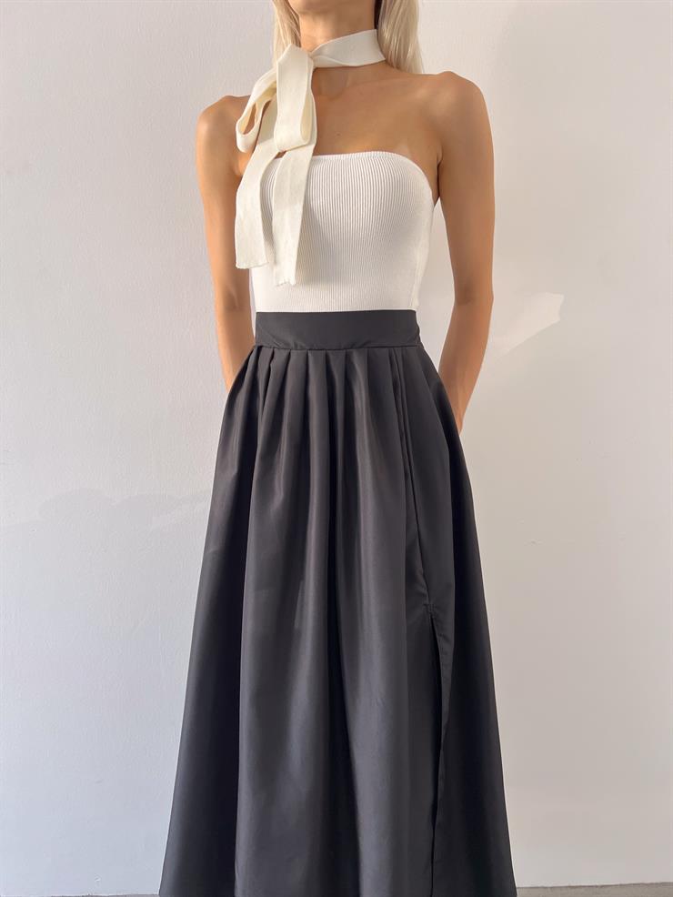 Yüksek Bel Yandan Yırtmaçlı Tegan Kadın Siyah Paraşüt Etek 23Y000565