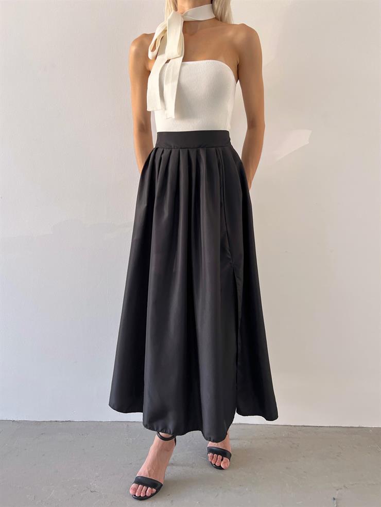 Yüksek Bel Yandan Yırtmaçlı Tegan Kadın Siyah Paraşüt Etek 23Y000565