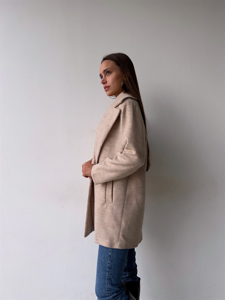 Tek Düğme Kapamalı Yanları Cepli Nerve Kadın Taş Kaşe Kaban 23K000165