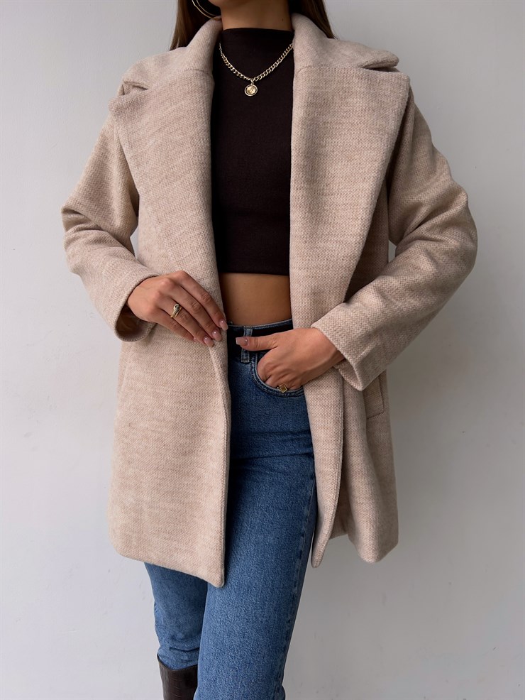 Tek Düğme Kapamalı Yanları Cepli Nerve Kadın Taş Kaşe Kaban 23K000165