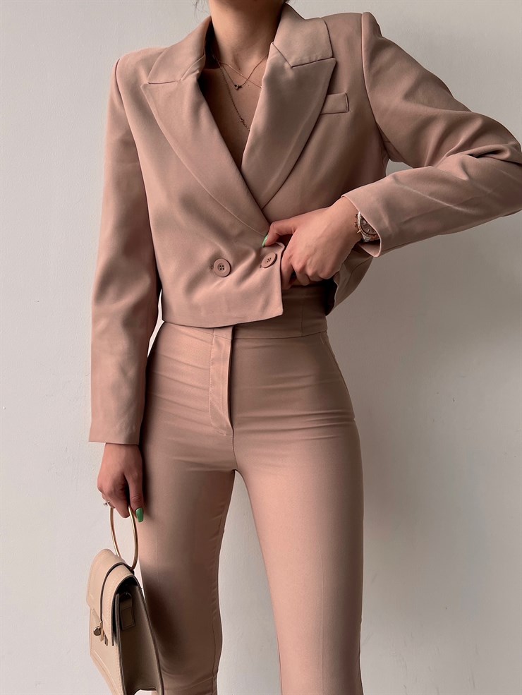 Tek Düğmeli Kruvaze Sarah Kadın Vizon Crop Ceket 22Y000055