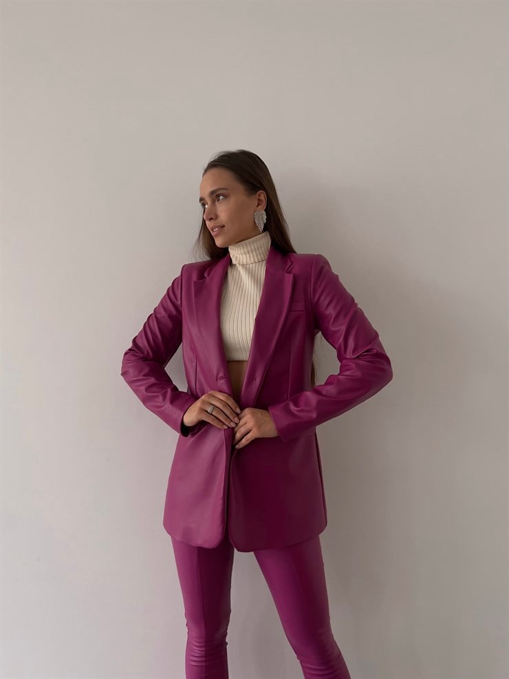 Tek Düğmeli Uzun Kollu Aria Kadın Fuşya Vegan Deri Ceket 23K000016