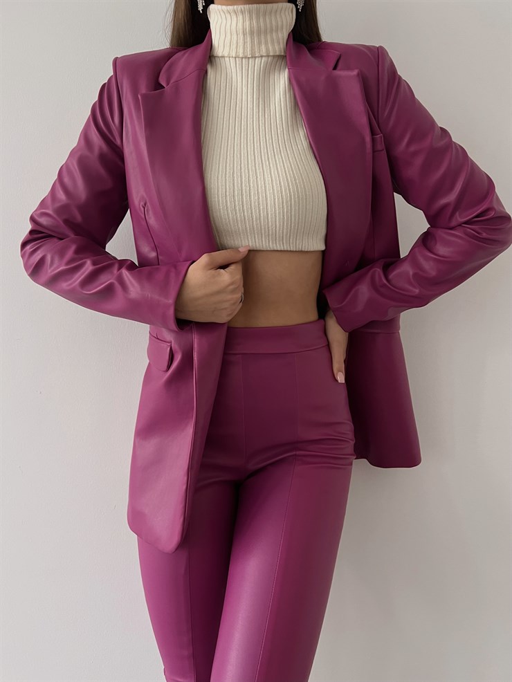 Tek Düğmeli Uzun Kollu Aria Kadın Fuşya Vegan Deri Ceket 23K000016