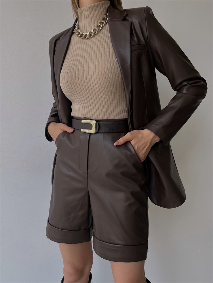 Tek Düğmeli Uzun Kollu Aria Kadın Kahve Vegan Deri Ceket 23K000016