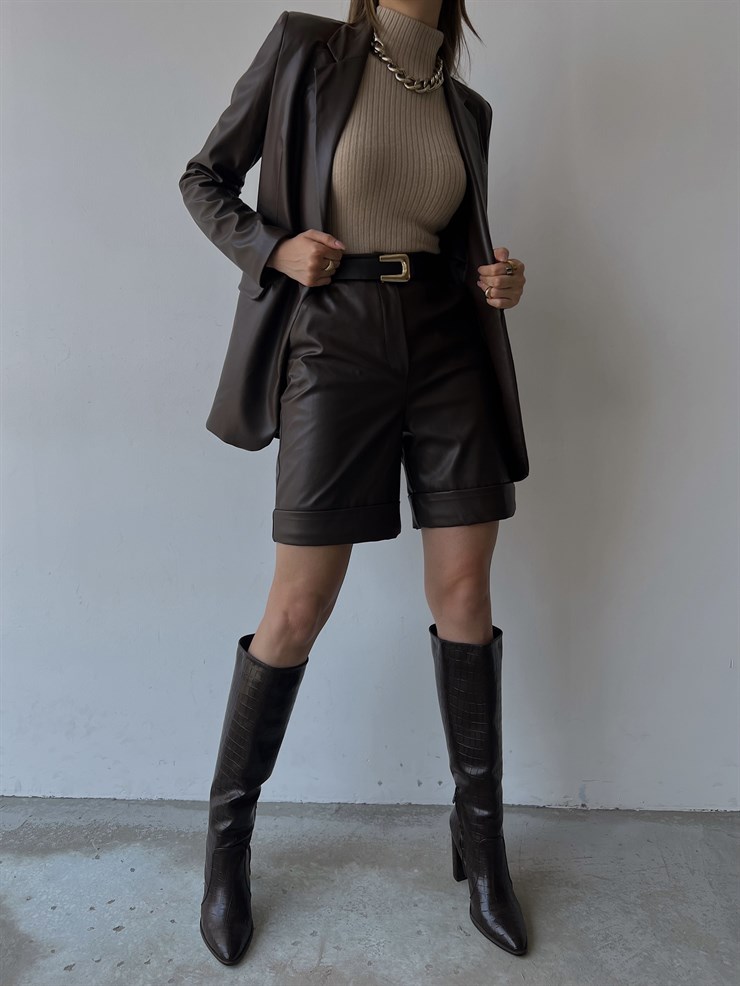 Tek Düğmeli Uzun Kollu Aria Kadın Kahve Vegan Deri Ceket 23K000016