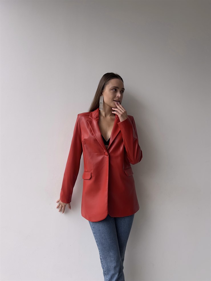 Tek Düğmeli Uzun Kollu Aria Kadın Kırmızı Vegan Deri Ceket 23K000016