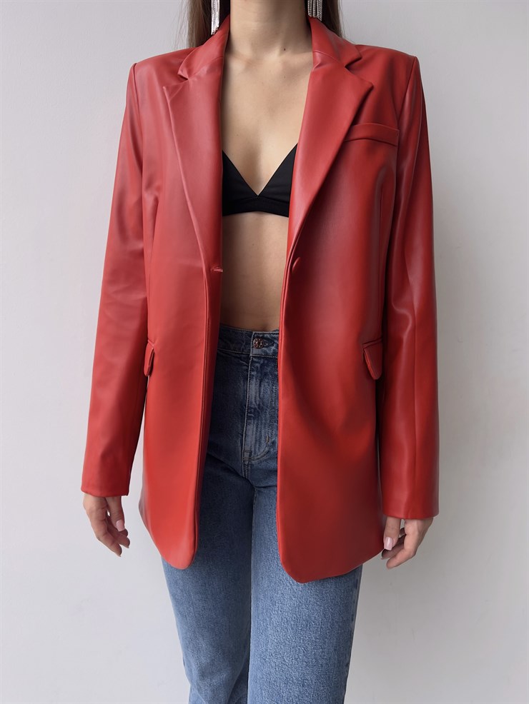 Tek Düğmeli Uzun Kollu Aria Kadın Kırmızı Vegan Deri Ceket 23K000016