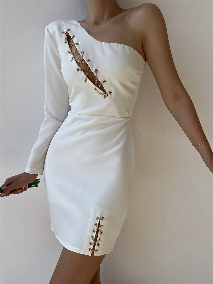 Tek Kol Göğüs Ve Yırtmaç Zincir Deaylı Gonzalo Kadın Beyaz Elbise 22Y000289