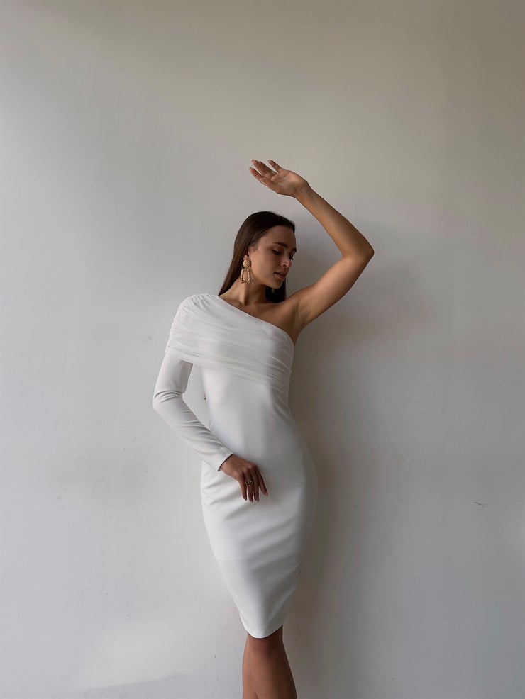 Tek Kol Tül Elson Kadın Beyaz Midi Boy Elbise 23K000149