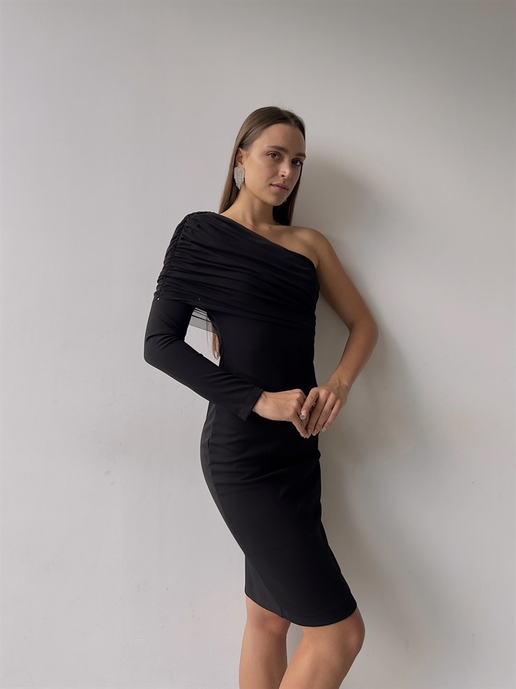 Tek Kol Tül Elson Kadın Siyah Midi Boy Elbise 23K000149