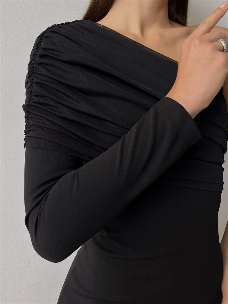 Tek Kol Tül Elson Kadın Siyah Midi Boy Elbise 23K000149