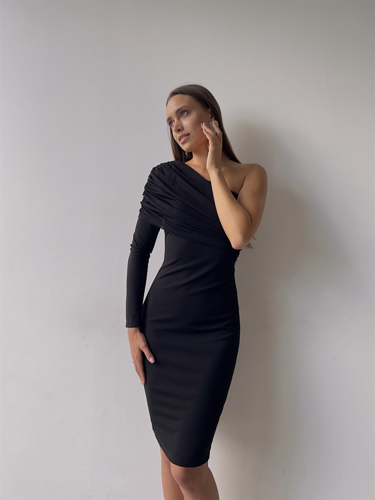 Tek Kol Tül Elson Kadın Siyah Midi Boy Elbise 23K000149