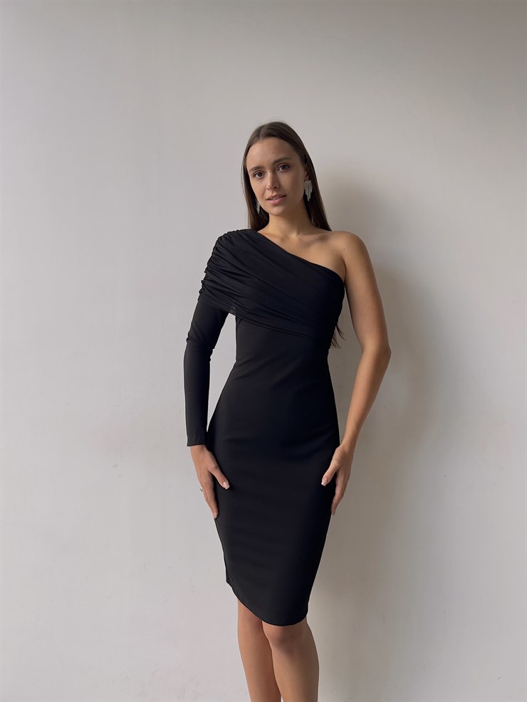 Tek Kol Tül Elson Kadın Siyah Midi Boy Elbise 23K000149