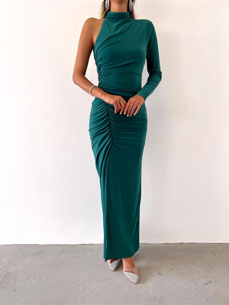 Tek Kollu Derin Yırtmaçlı Rodney Kadın Zümrüt Midi Elbise 23K000415