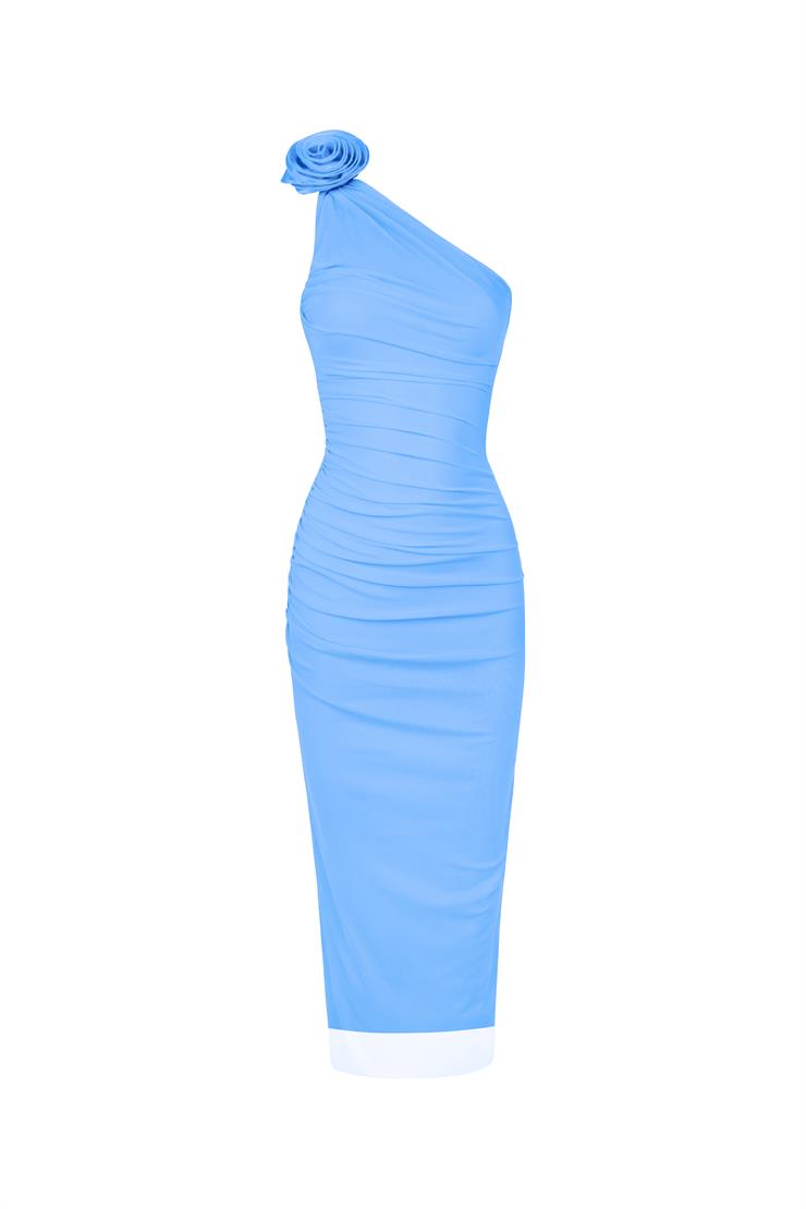 Tek Omuz Aksesuar Detaylı Drapeli Fabios Kadın Bebe Mavisi Midi Elbise 24Y399