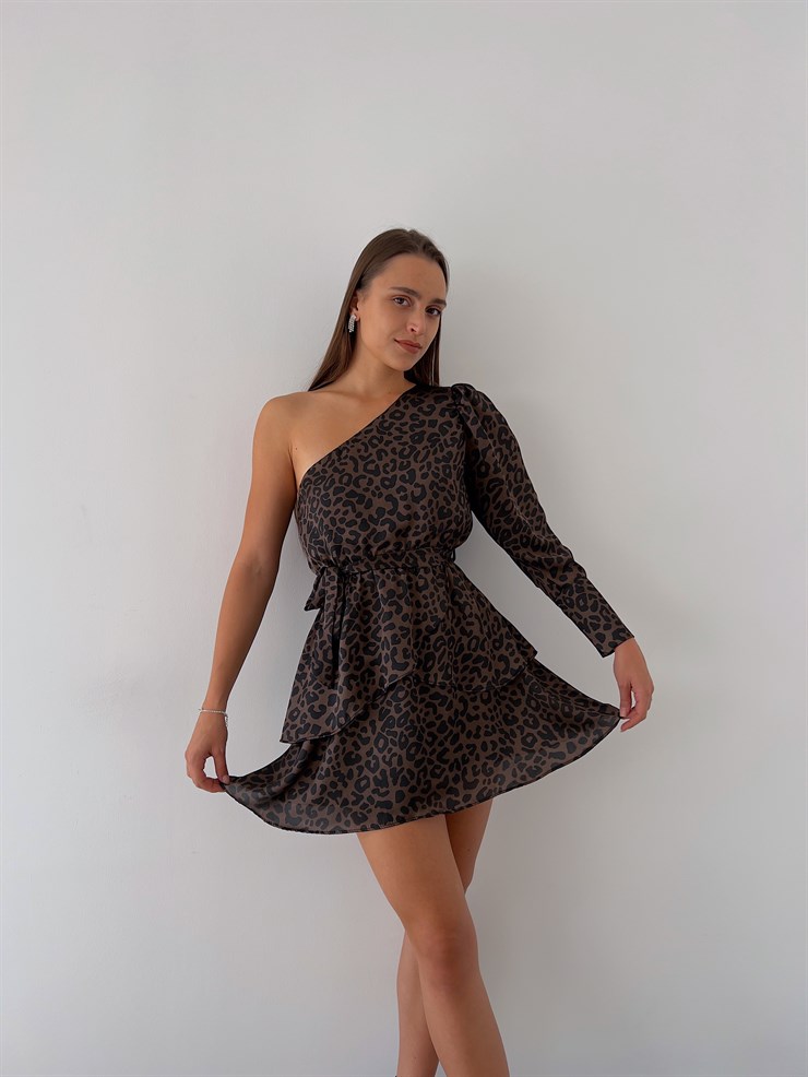 Tek Omuz Belden Kuşaklı Eteği Fırfırlı Eloisa Kadın Leopar Mini Elbise 23K000193