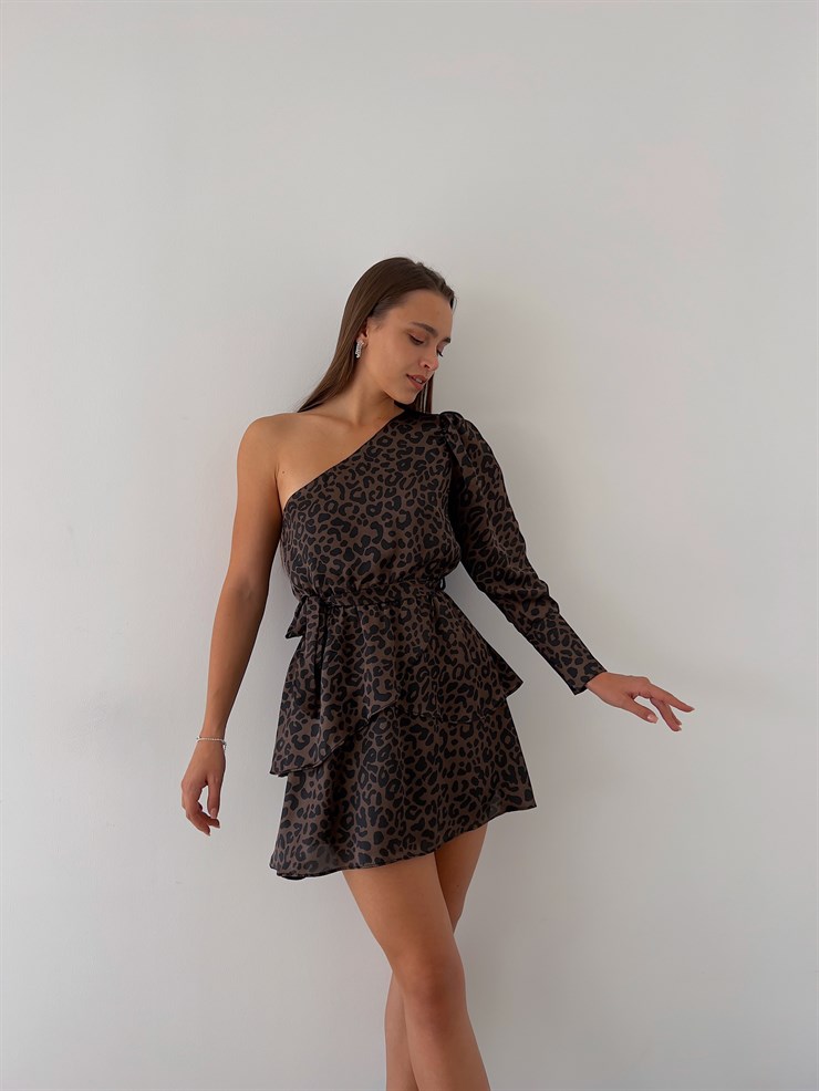 Tek Omuz Belden Kuşaklı Eteği Fırfırlı Eloisa Kadın Leopar Mini Elbise 23K000193